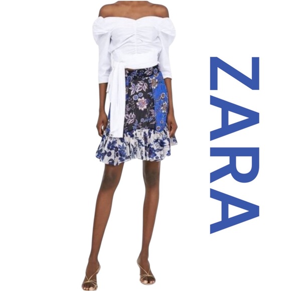ZARA WOMAN Blue Floral Patchwork Mini Skirt, Size S. - Picture 1 of 10